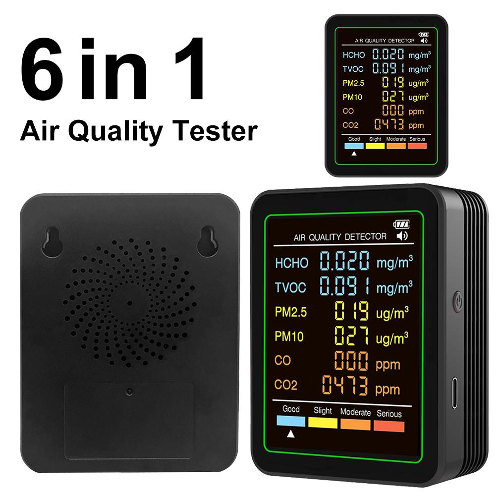 6-in-1 Air Quality Monitor Real-Time Air Quality Meter Portable Temperature Humidity Detector for Home Cars Plants