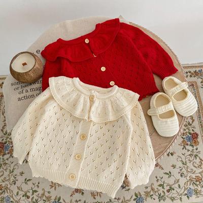 2024 Herbst/Winter Baby Mädchen Strick-Cardigan aus Baumwolle mit Lotuskragen, 0–3 Jahre, lange Ärmel, hohles Design.