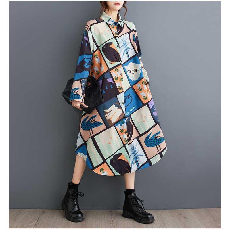 New Loose Large Size Oceanic Printing Mid-length Literary Retro Dresses