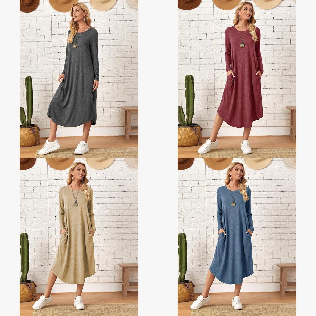 Cotton Long Sleeve A Line Dress With Round Neck For Casual Fall Wear