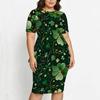 Women Plus Size Round Neck Short Sleeve Printed Navy Blue Asymmetric Top Fitted Skirt Two Piece Set