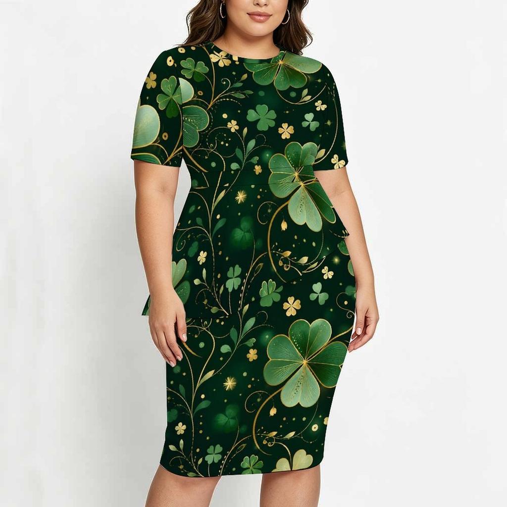 Women Plus Size Round Neck Short Sleeve Printed Navy Blue Asymmetric Top Fitted Skirt Two Piece Set