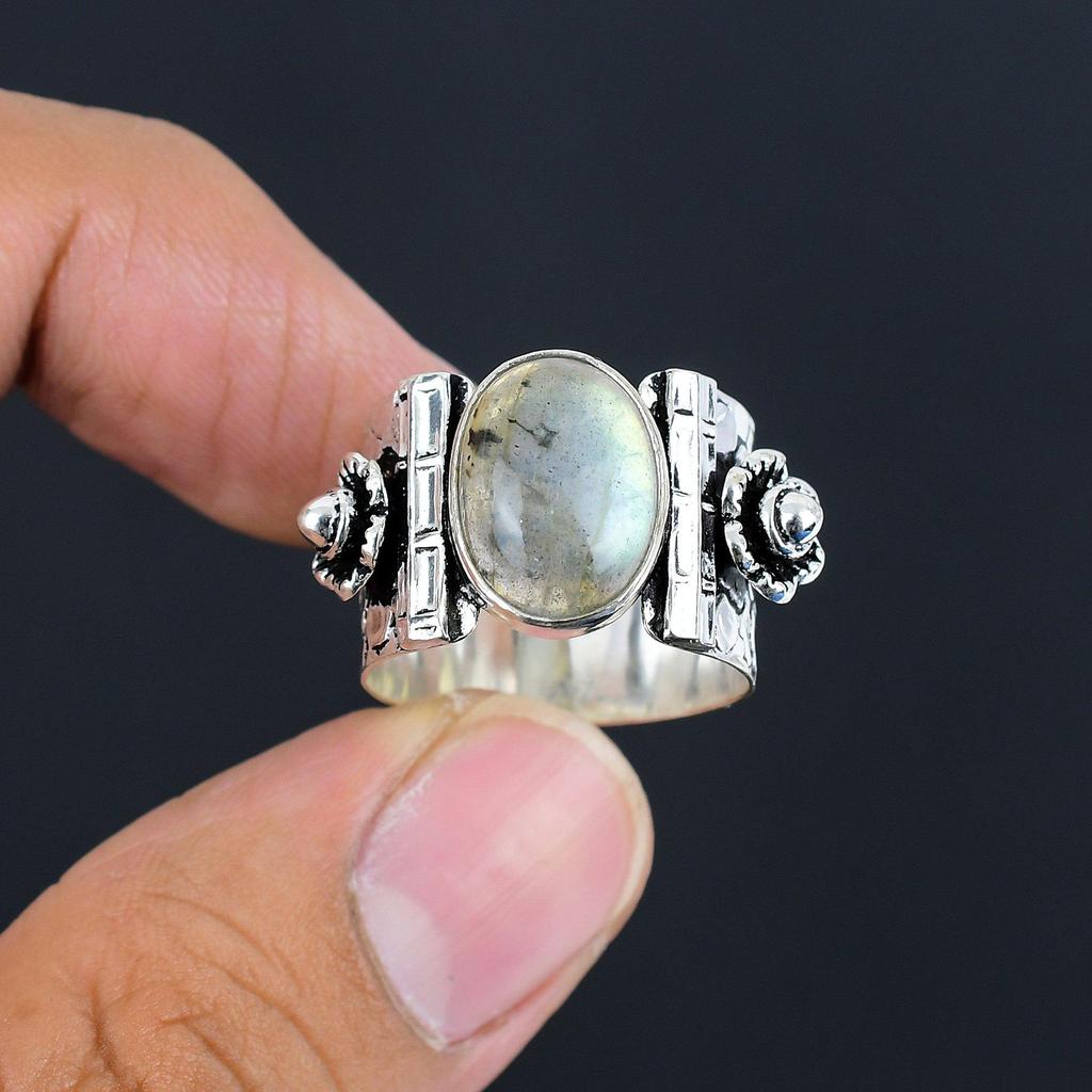 Silberring mit natürlichem Labradorit-Edelstein | 925er Sterlingsilber | Antiker Silberschmuck | Handgefertigte Vintage-Silberringe für Frauen und Mädchen