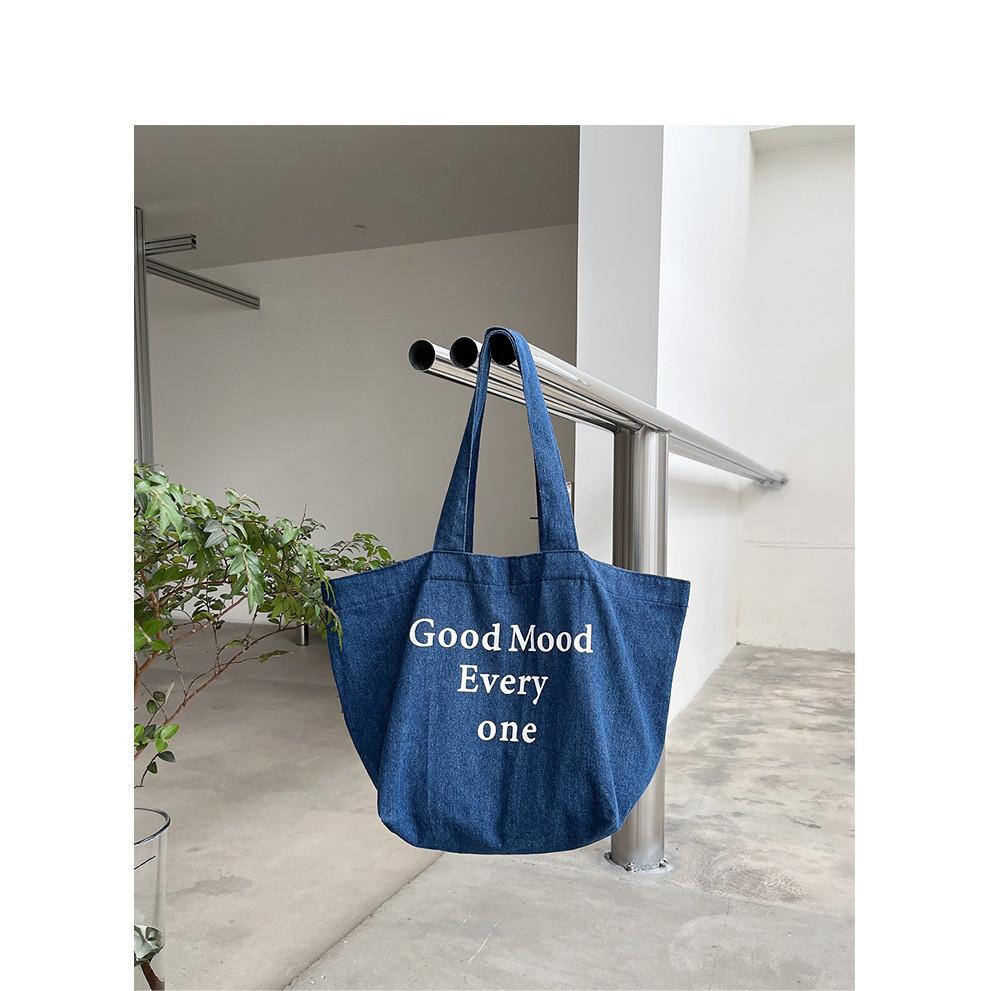 IELGY Japanese Retro Denim Handbag, Casual Printed Letter Shoulder Women's Bag