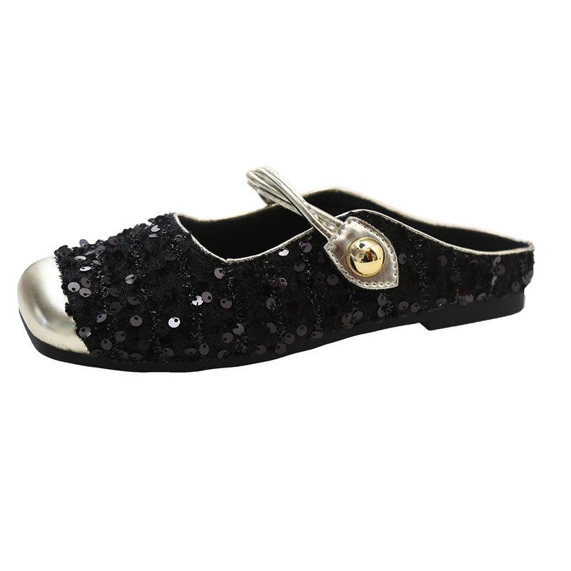 Xiaoxiangfeng Korean version temperament Mary Jane single shoes women's 2025 summer French sequined silver bag head half slippers