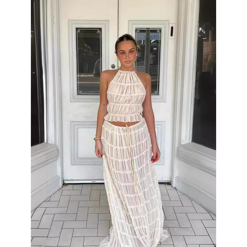 Sexy Neck Hanging Pleated Long Skirt Set Sexy Halter Ruched Long Skirt Suit