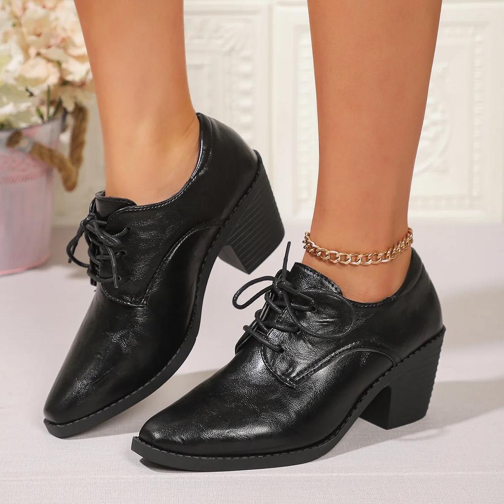 Spring Shiny Leather Women Shoe Round Toe Loafers Woman Pumps Chunky Leather High Heel Shoes for Women  De Mujer