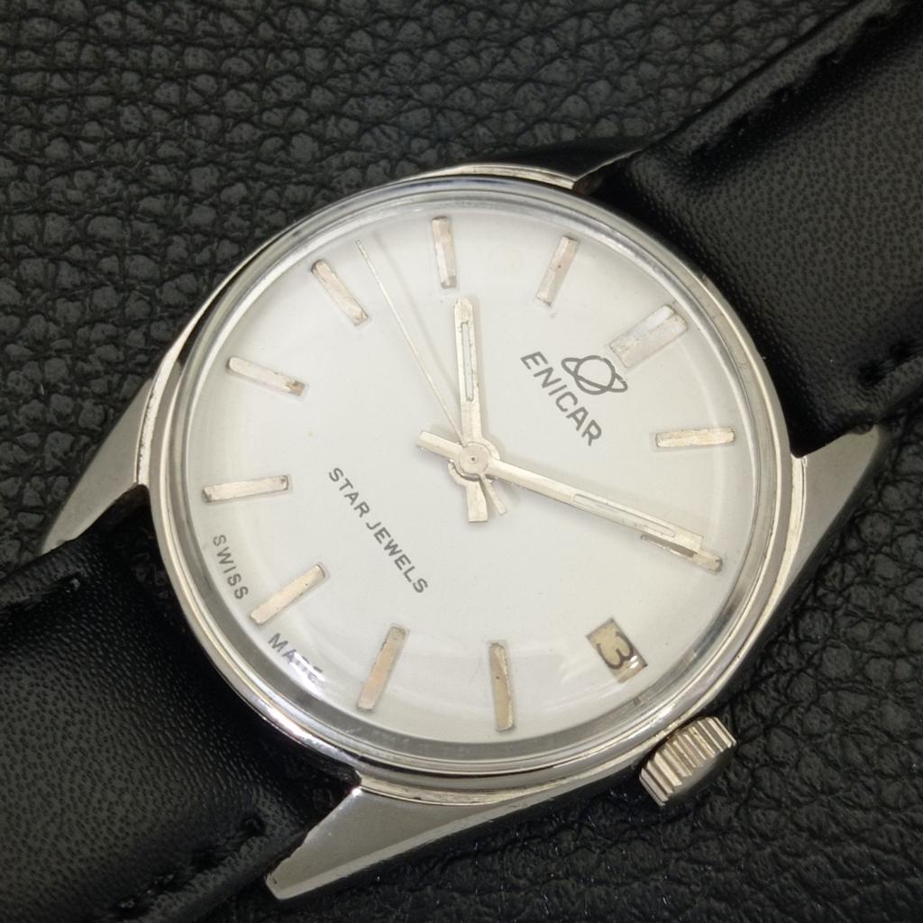 VINTAGE ENICAR STAR JEWELS HAND-WINDING SWISS MENS WHITE DIAL WATCH A702036-5 R208-a702036