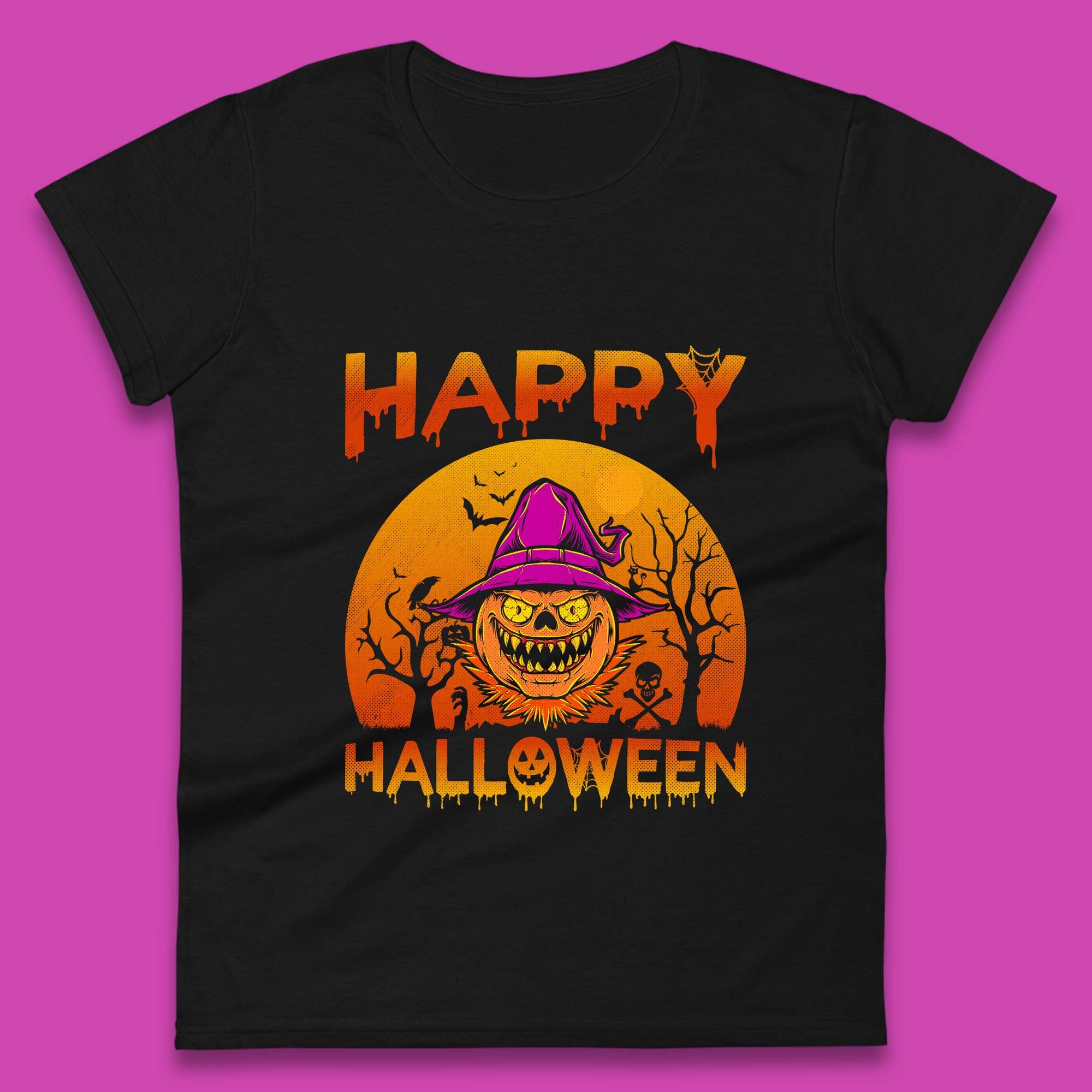 Happy Halloween Monster Pumpkin With Witch Hat Horror Scary Spooky Season Womens Tee T Shirt Mens Tops Unisex Top XL