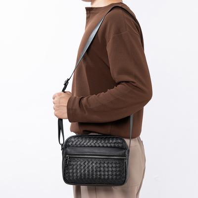 Woven Genuine Leather Crossbody Bag Men's Fashion Horizontal Casual Shoulder Bag Summer Lightweight Small Bag Business Men's Bag