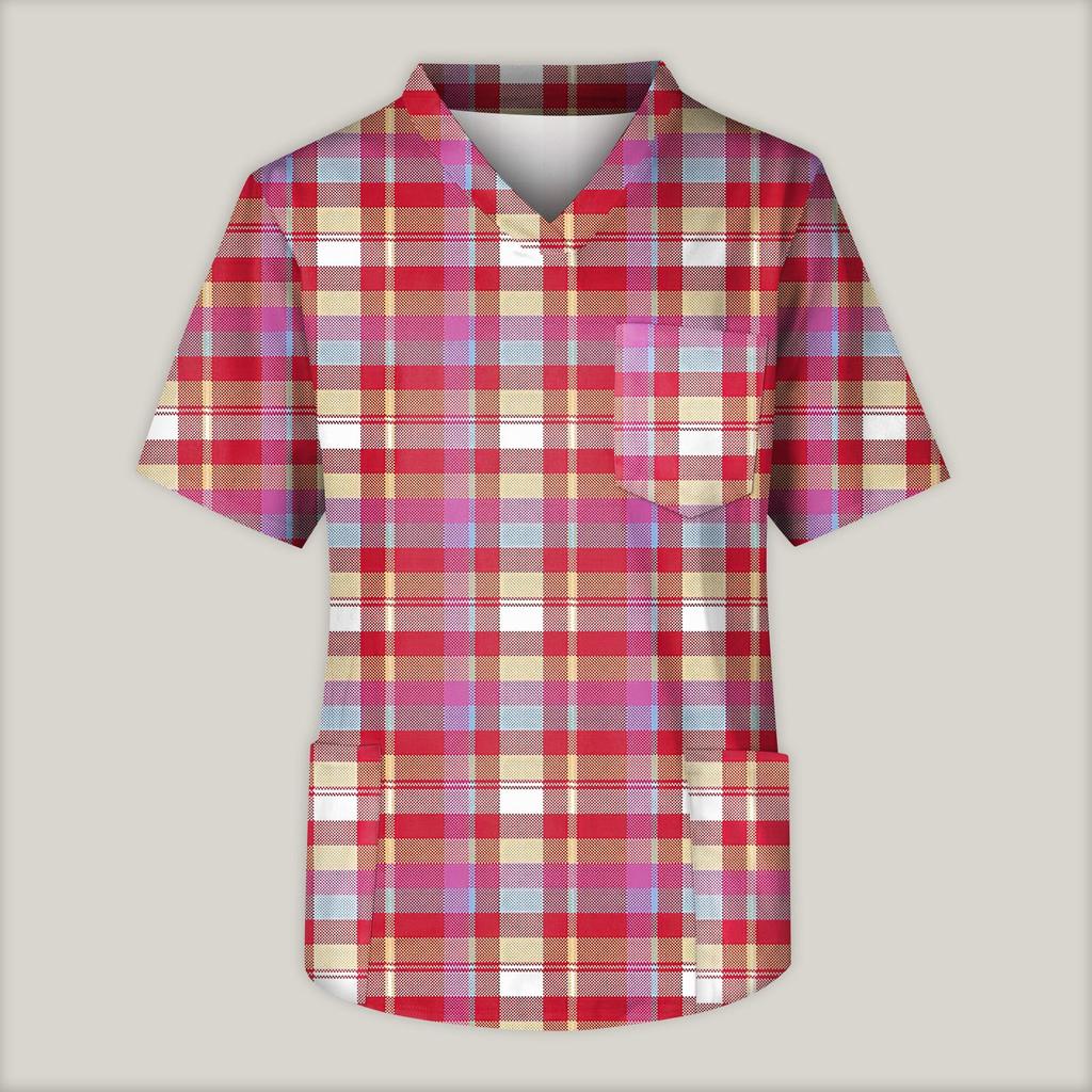 Men's Printing Short Sleeve V-neck Working Blouse Chest Pocket Carer Top
