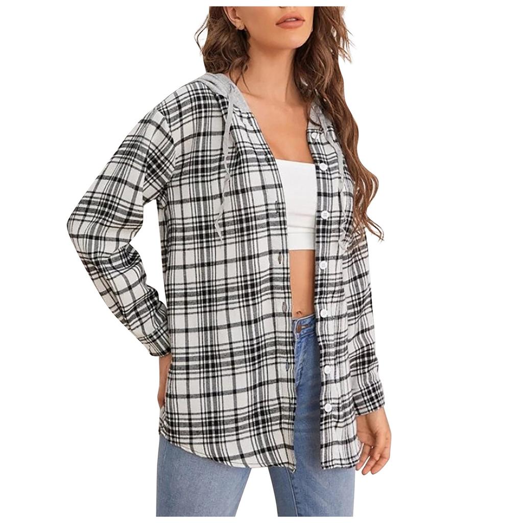 Fashion Women's Temperament Plaid Single-breasted Cardigan Hooded Long Sleeve Shirt