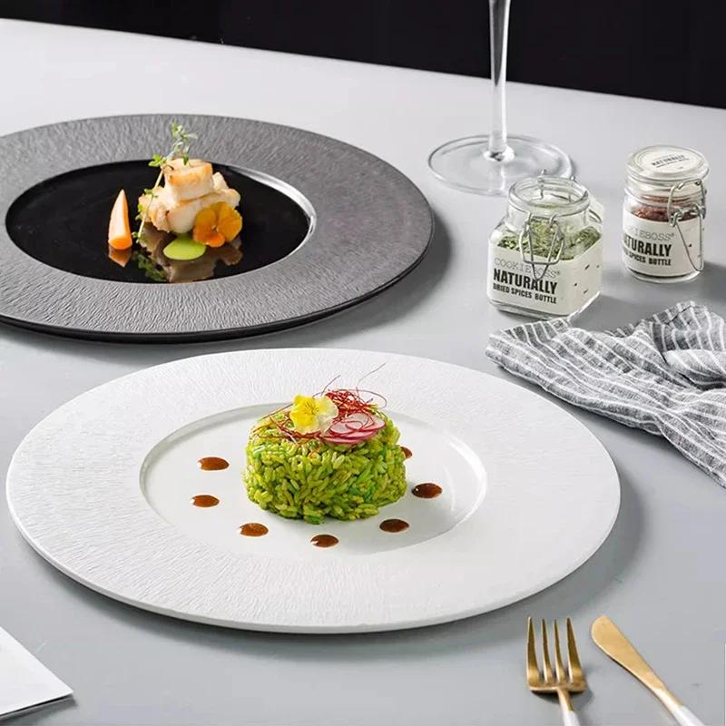 Relief Wide Edge Ceramic Plate Round Steak Plate Pasta Plate Dessert Sushi Plates Molecular Cuisine Restaurant Tableware