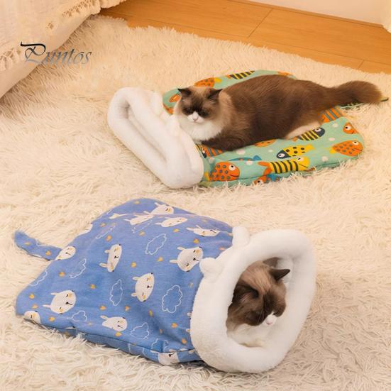 Winter Cat Sleeping Bag Cozy Semi-Enclosed Pet Sack for Indoor Cats 360-degree Wrap Self-warm Plush Cat Bed for Small Pets