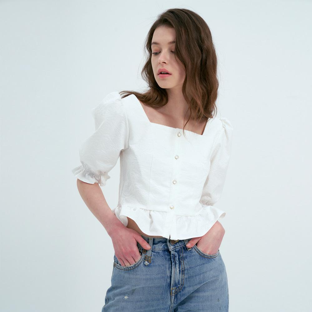 Nudaes Wavy Puff Square Neck Blouse Rose White