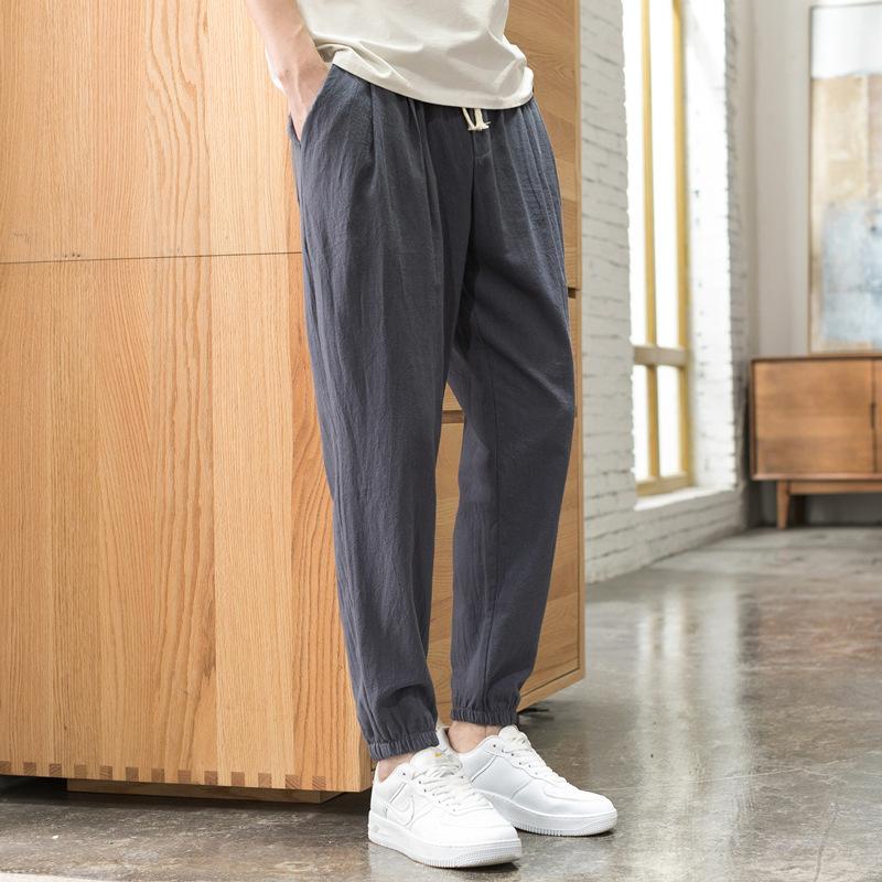 Four Seasons Men's Linen Pants, Thin, Loose, Tight-fitting Cotton and Linen Sports 9-point Casual Pants for Men