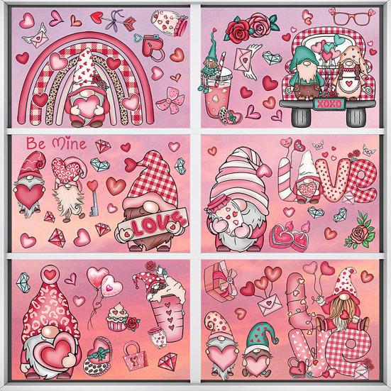 71Pcs/Set Valentine's Day Window Cling Waterproof PVC Cartoon Gnome Love Heart