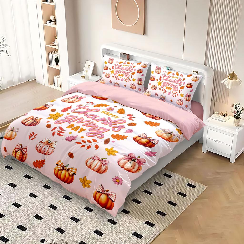 Comforter 3Pcs Pink Autumn Harvest Pumpkin Print Quilt Set With Coreless Multi Size Bedrooms Dormitories Soft Comfortable Machine Washable