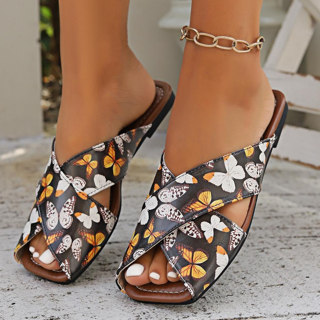 European and American Large-size Color Matching 2025 Summer New Square Head Cross One-word Fashion Style Women's Thick-soled Slippers