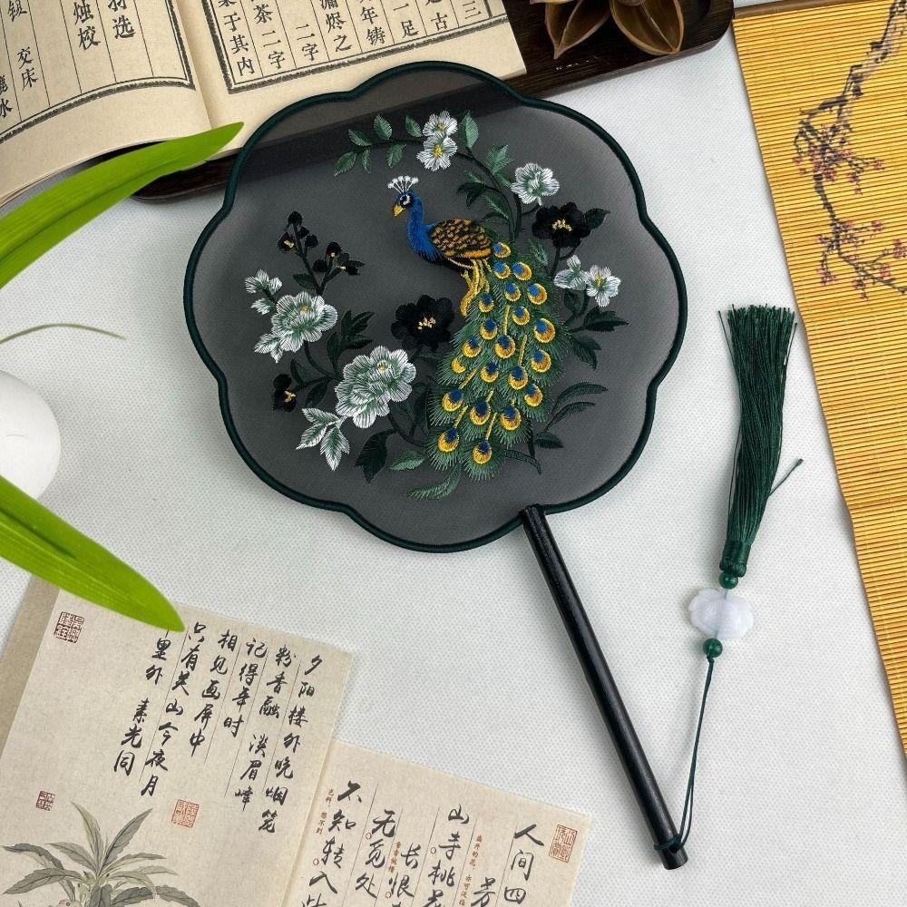 Chinese Style Double Sided Embroidery Fan Long Handle Vintage Hand Fan Dance Fan Party