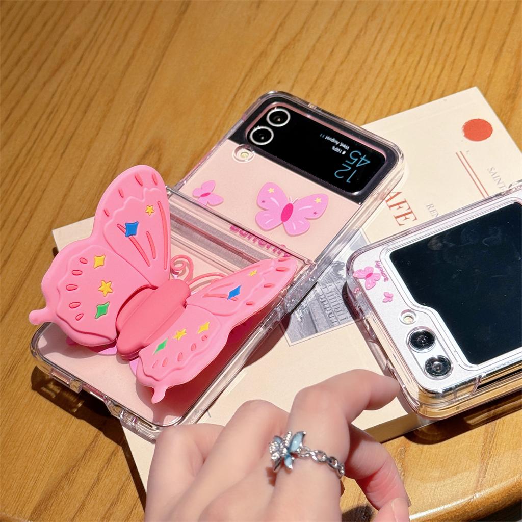 Korean Cute Transparent Pink 3D Butterfly Holder Phone Case for Samsung Galaxy Z Flip3 5G Z Flip5 Flip4 Back Protection Cover