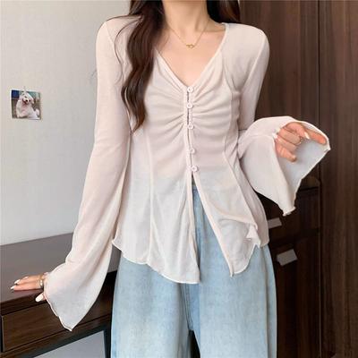 Chemise d'été à col en V pour femme, couleur unie, simple boutonnage, cordon de serrage, plissée, slim, manches longues, semi-transparente