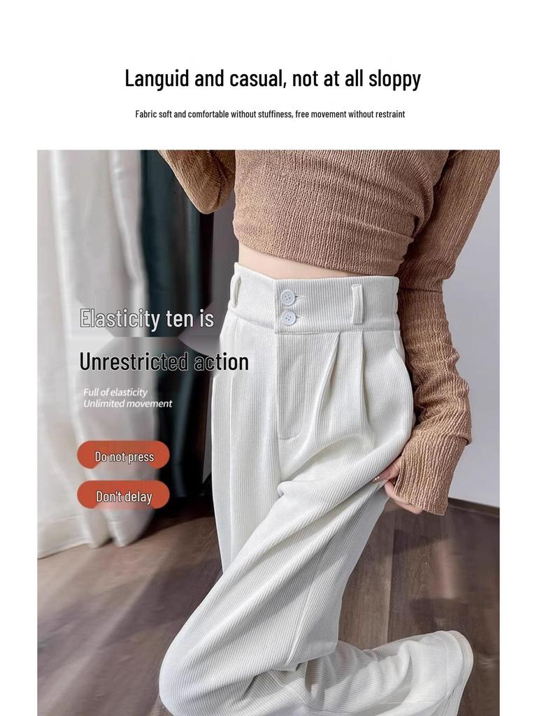 145cm Fleece-Lined High-Waisted Wide-Leg Chenille Pants - Women's XS, Petite, Black, Casual Autumn/Winter