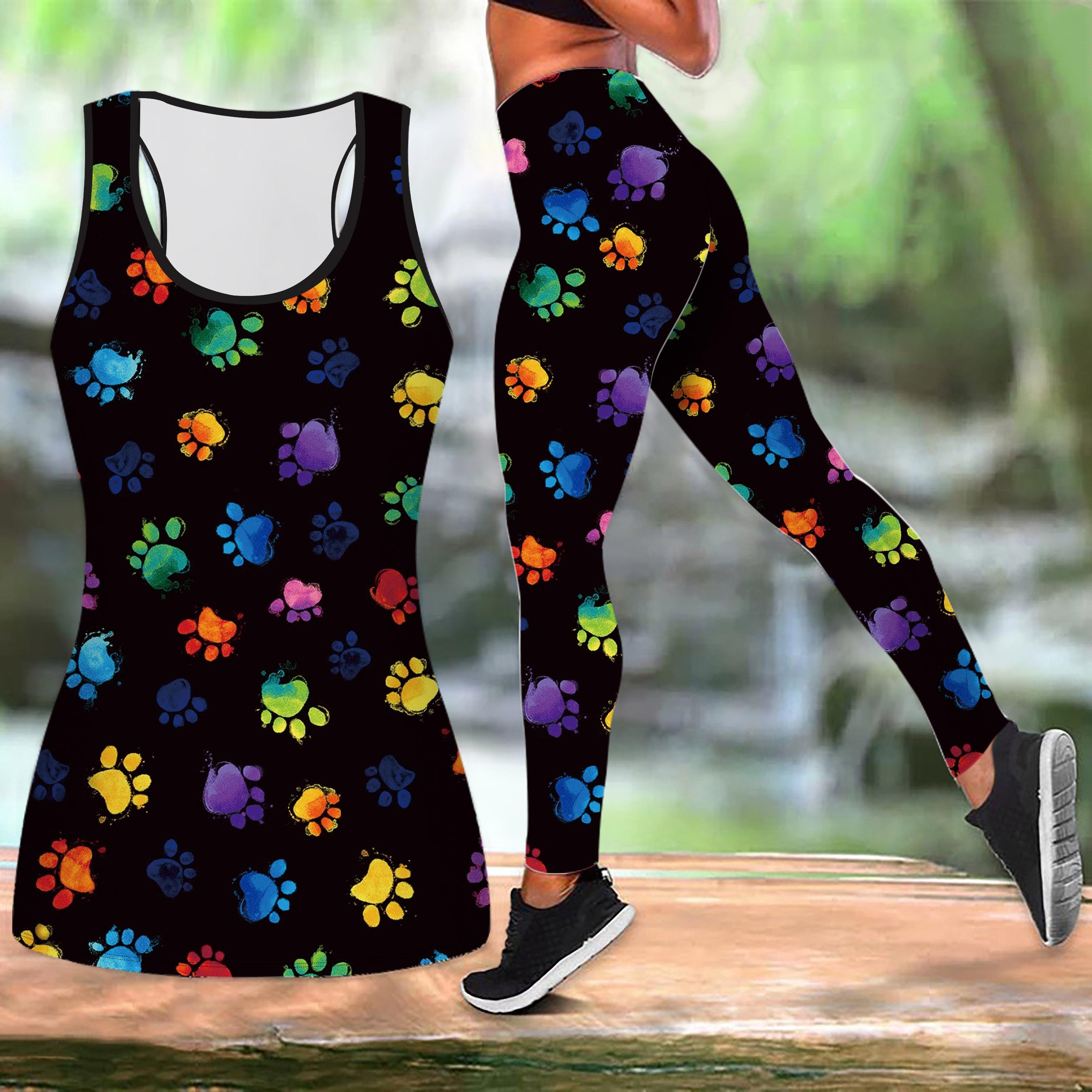 

Красочные принты собачьих лап, йога-костюм для женщин, модные леггинсы для тренировок, фитнес-спорт, повседневный комплект для йоги, спортивный костюм
