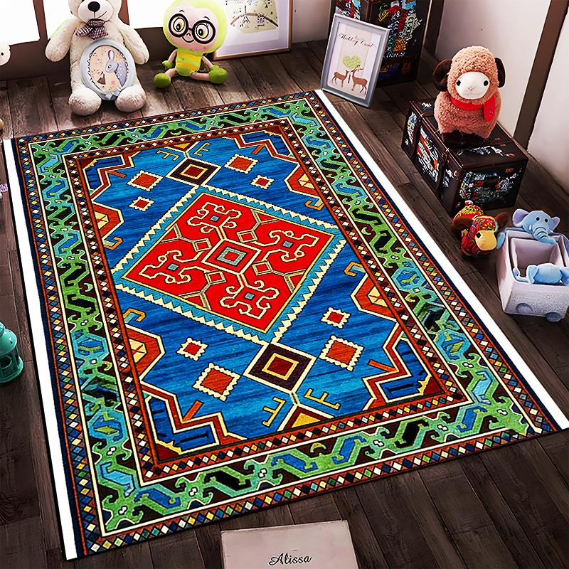 Traditional Geometric Tribal Pattern Carpet with Blue and Red Design Suitable for use as an anti-slip for living room bedroom sofas