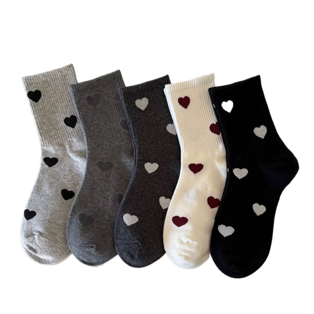5Pairs Harajuku Patchwork Color Socks Heart Pattern Mid Tube Socks Love Mid-Calf Socks Sports