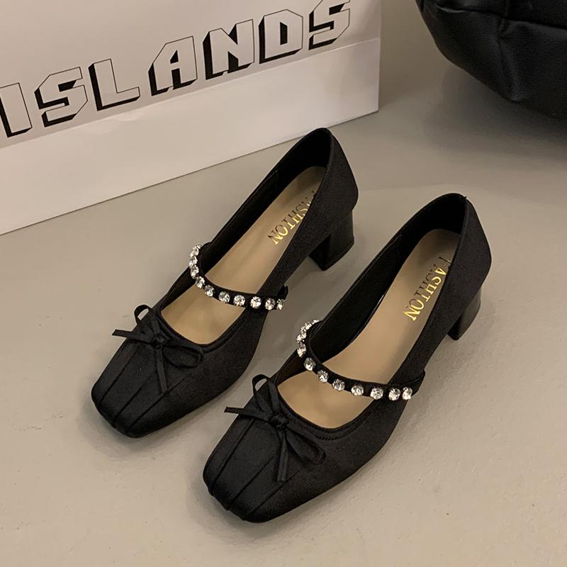 Fashion Square Head Shallow Mouth Butterfly Knot Rhinestones with Single Shoes Spring New Anti-slip Wear-resistant Thick Heel Shoes