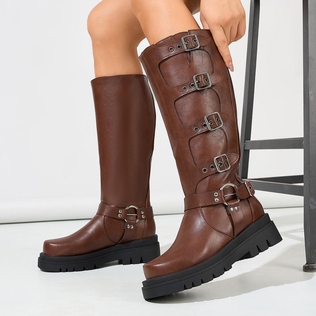 Autumn and Winter Outer Order Casual Low-heeled Knight Boots Large Size Belt Buckle High Knight Boots