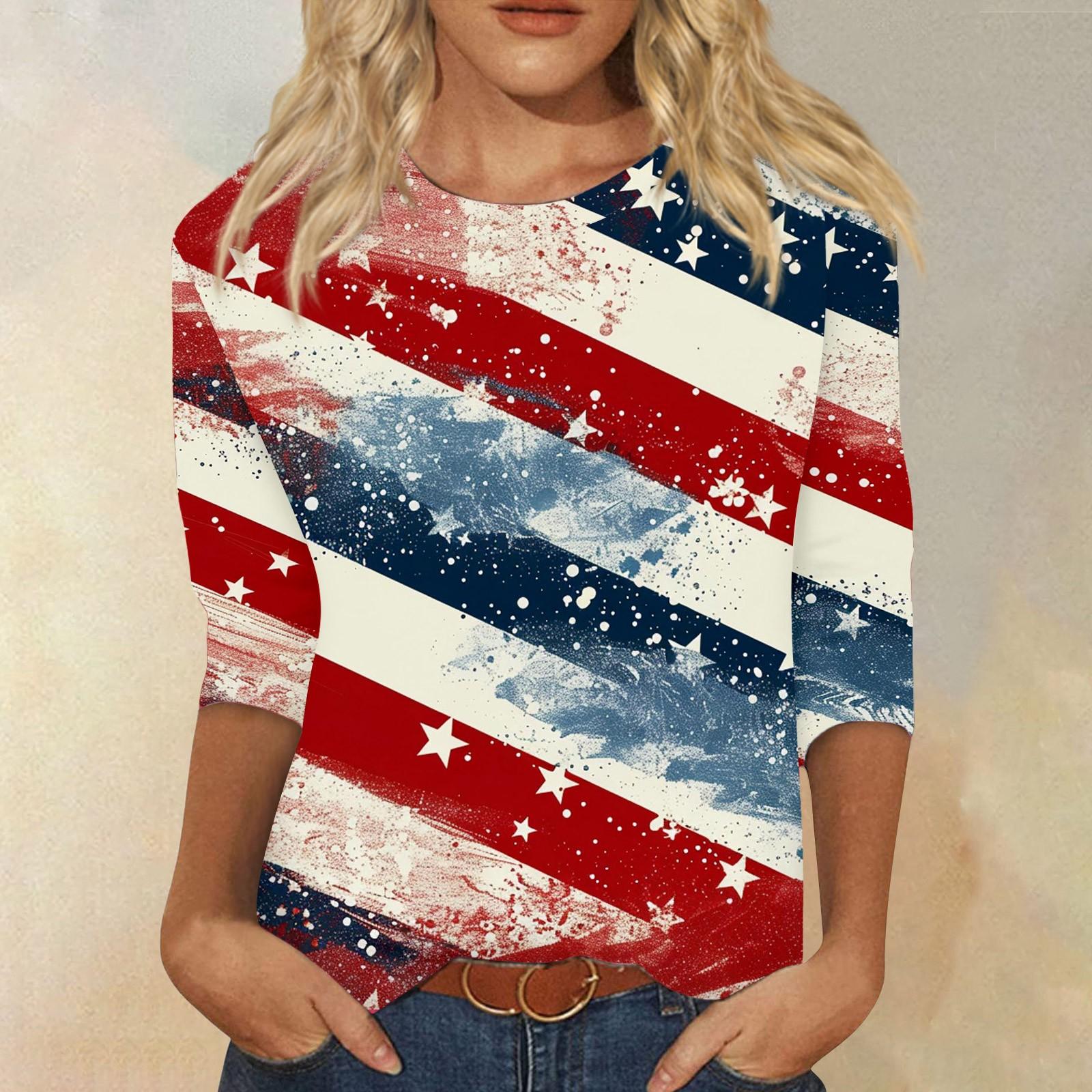 

Женский модный повседневный топ с круглым вырезом с рукавом три четверти и принтом ко Дню независимости XXXXL