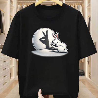 Creative Rabbit Hand Shadow Full Moon Print T Shirt Minimal Cute Bunny Cartoon Crew Neck Casual Streetwear Tee