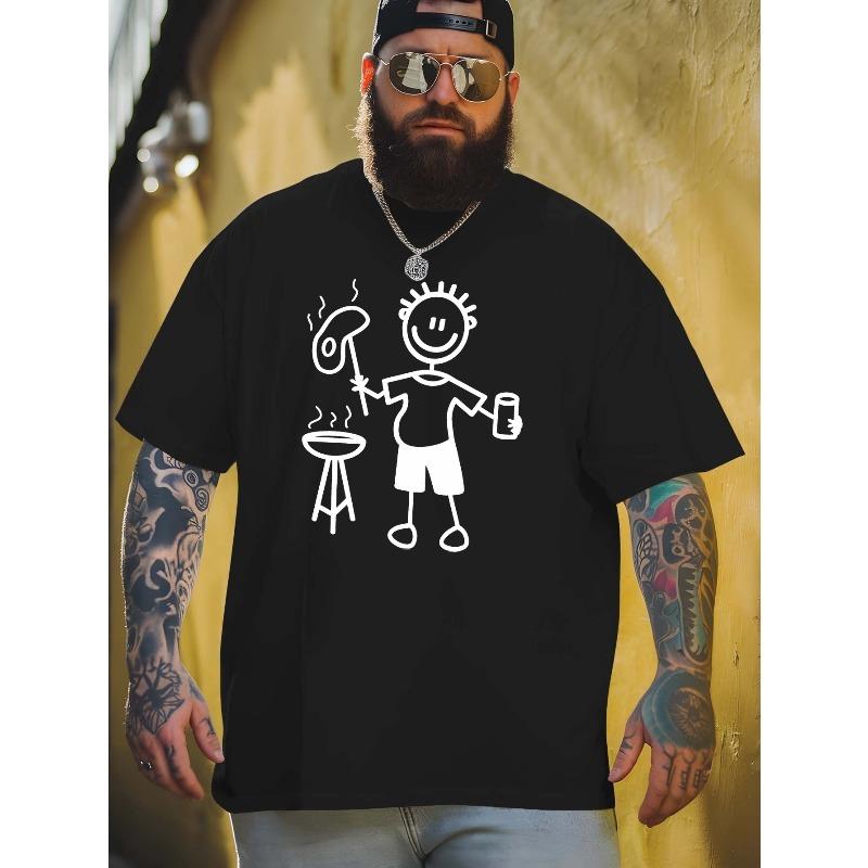European Size Men's Large Barbecue Pattern T-Shirt - Oversized Casual Summer T-Shirt with Barbecue Illustration