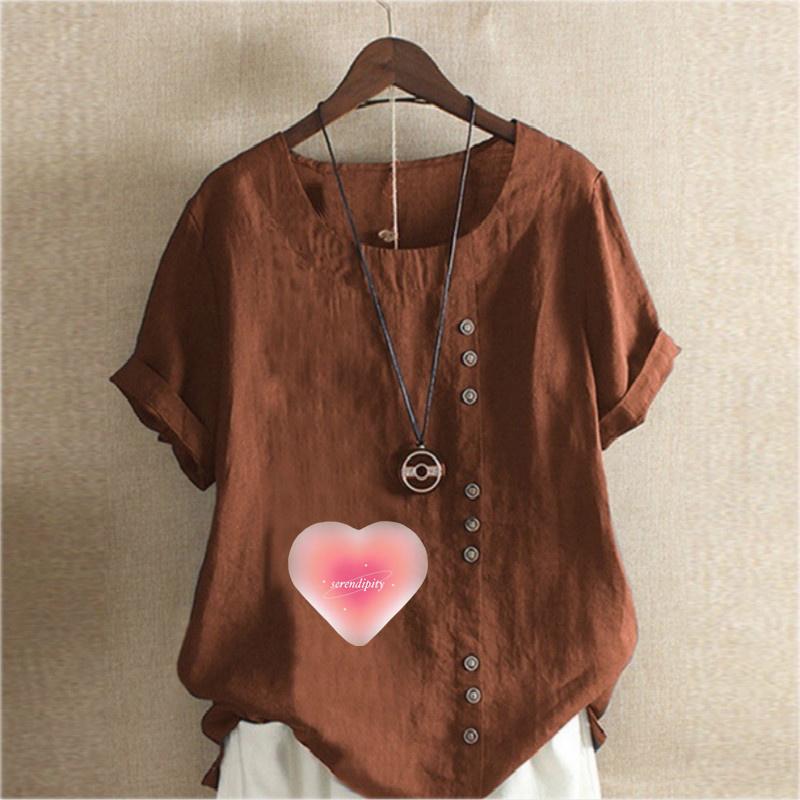 Women's Fashion Round Neck Short Sleeve T-shirt Casual Cotton Linen Graphic Shirt Leisure Loose Pink Love Prined Summer Blouse Tops