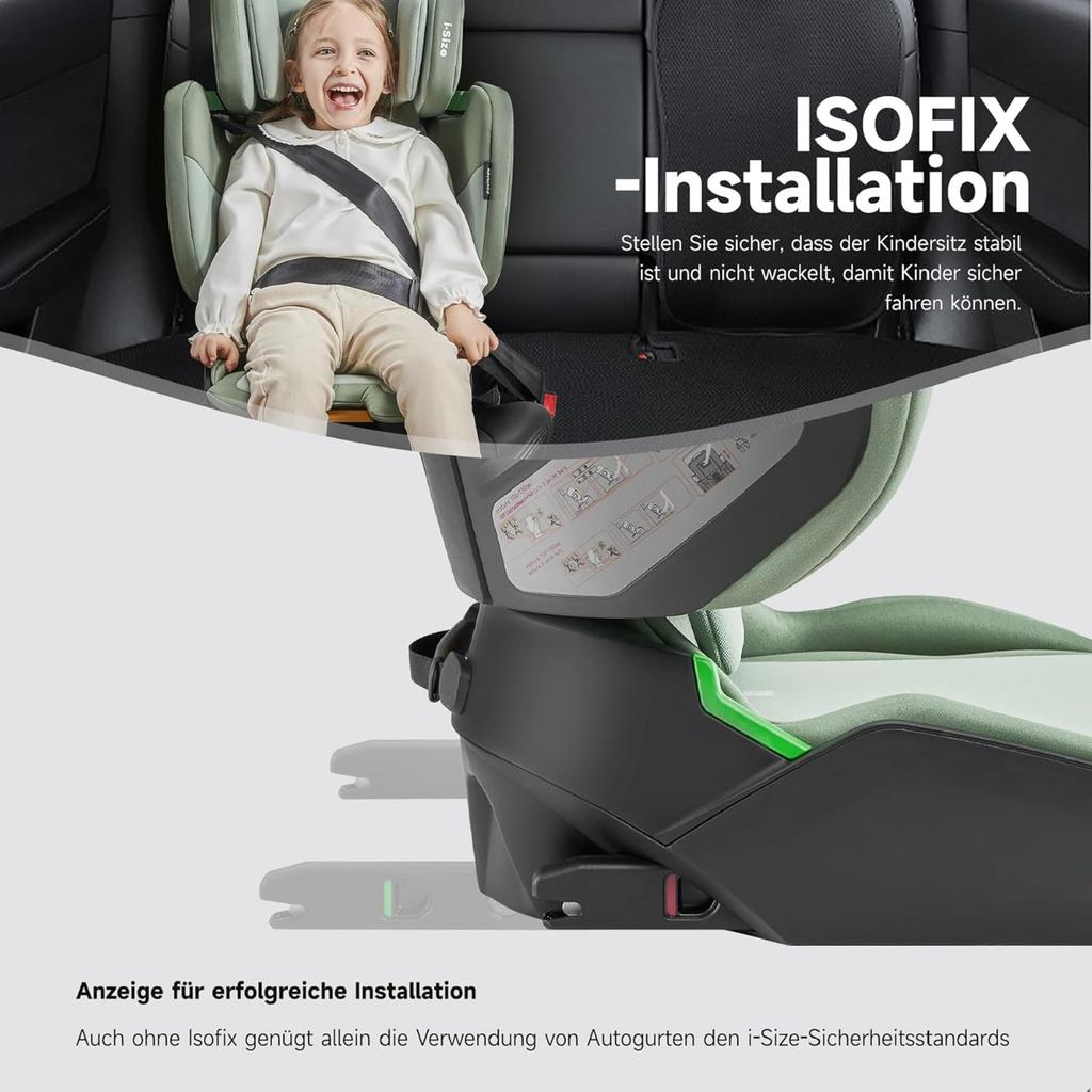 Jovikids Foldable Child Seat with ISOFIX, i-Size R129 Car Seats approx 3-12 Years (100-150cm), Booster Seat with Backrest, Suitable for Travel (Green)