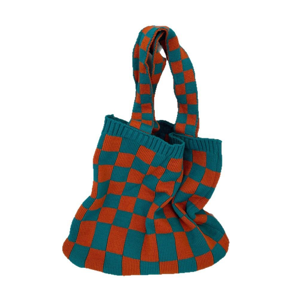 11 Knitted Checkerboard Bag Women's Autumn and Winter New Casual Tote Bag Large-capacity Portable Canvas Bag