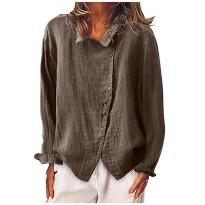 Fashion Women Cotton Linen Casual Solid Buttons Long Sleeves T-Shirt Blouse Tops