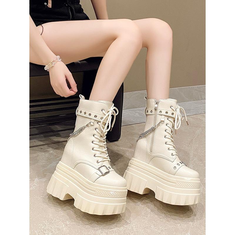 Mote 14CM Dame Høy Plattform Ankelstøvletter Høst Gotisk Stil Skinnsko Spenne Punk Motorsykkelstøvletter Rund Tå Chunky Sneakers