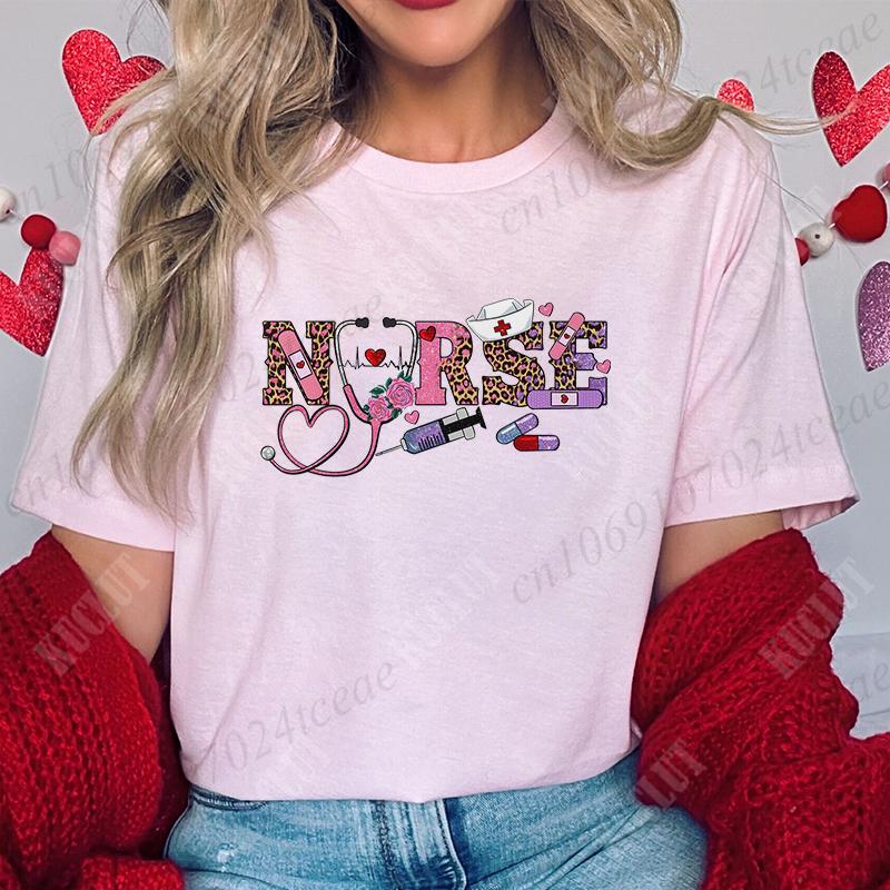 New Women T Shirt Pullover Oversize Valentines Day Love Nurse Print T-Shirt Casual Short Sleeve Women T-Shirt Nurse Tees Gifts