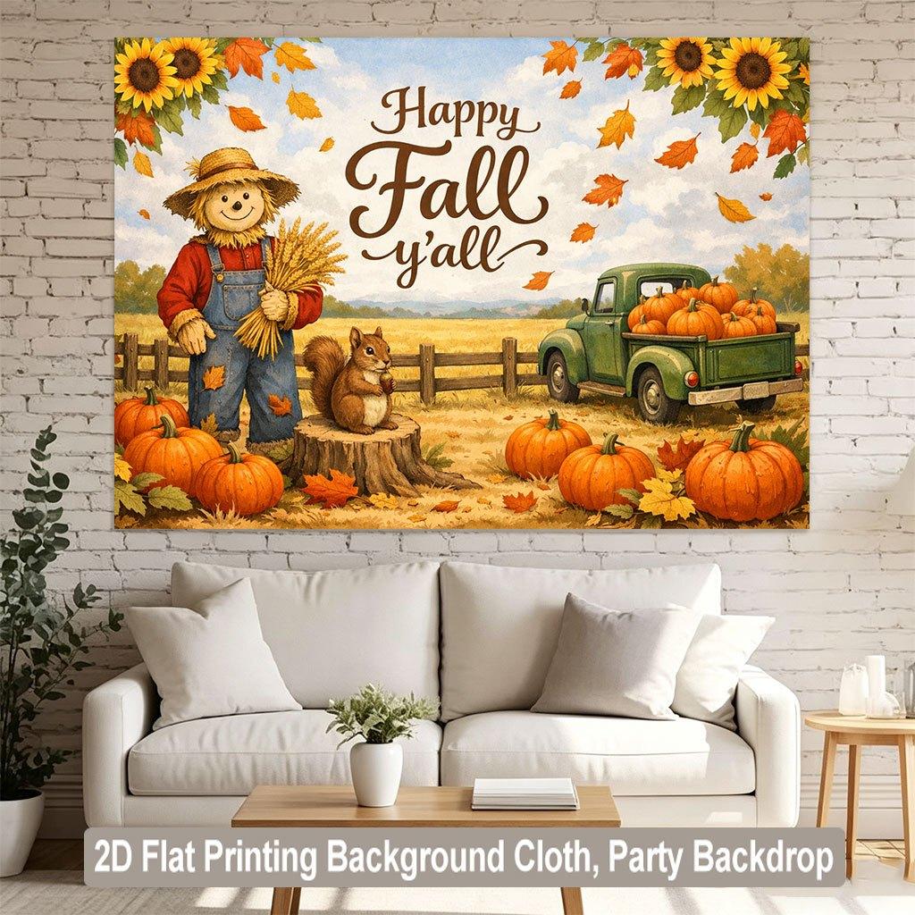 1 piece of 2D flat background fabric scarecrow autumn scenery pumpkin rural landscape background banner.PMJ
