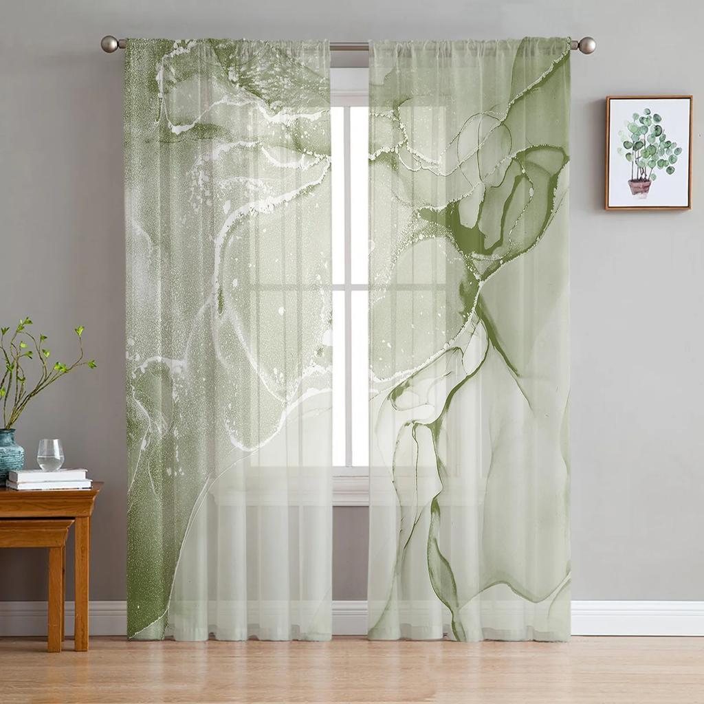 Grass Green Marble Translucent Drapes for Bedroom Space Living Room Decoration Window Opening Drape for Kitchen Area Tulle Voile Organza Curtains