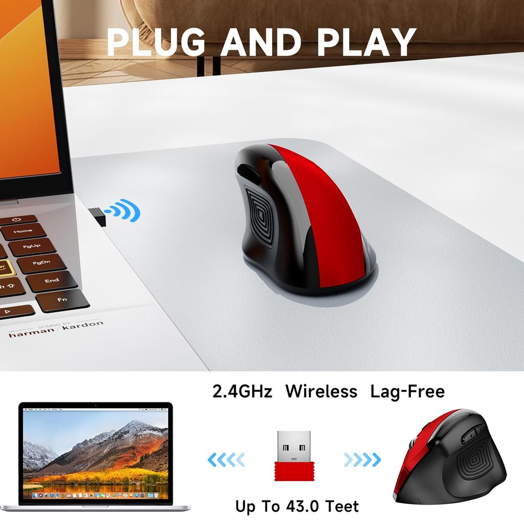 Memzuoix Large Vertical Ergonomic Wireless DPI USB Receiver Compatible with and Desktops Classic Red Mouse, 2.4G, Multi-Button, Optical, Cordless,