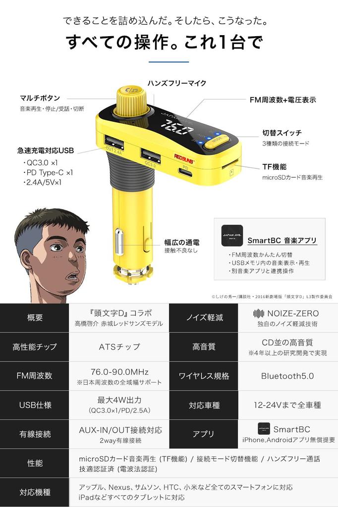 FM Transmitter JAPAN Acquisition Compatible with Maximum 48W Bluetooth Equipped iPhone Quick Charging USB X 3 Ports JA999 Red Sands AVE. "Initial D"