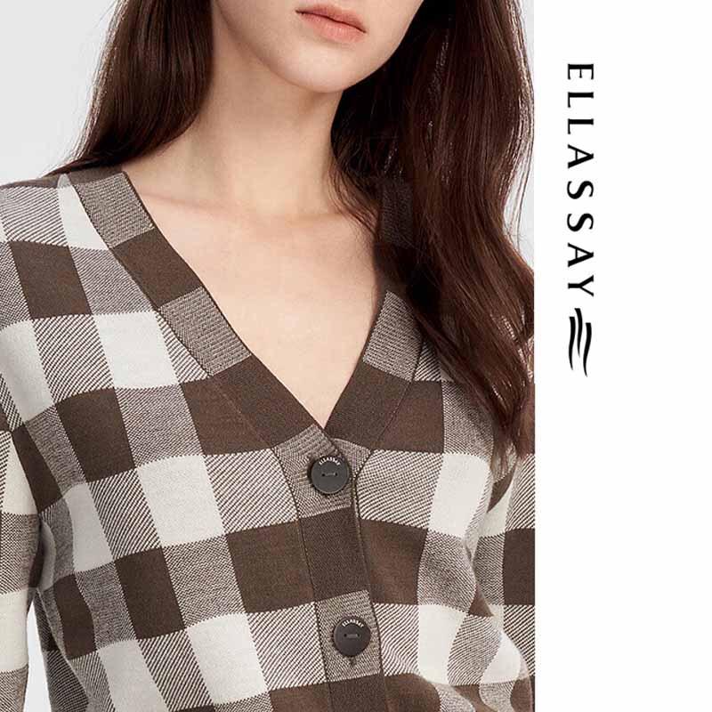 ELLASSAY Women's Merino Wool Plaid Knit Sweater