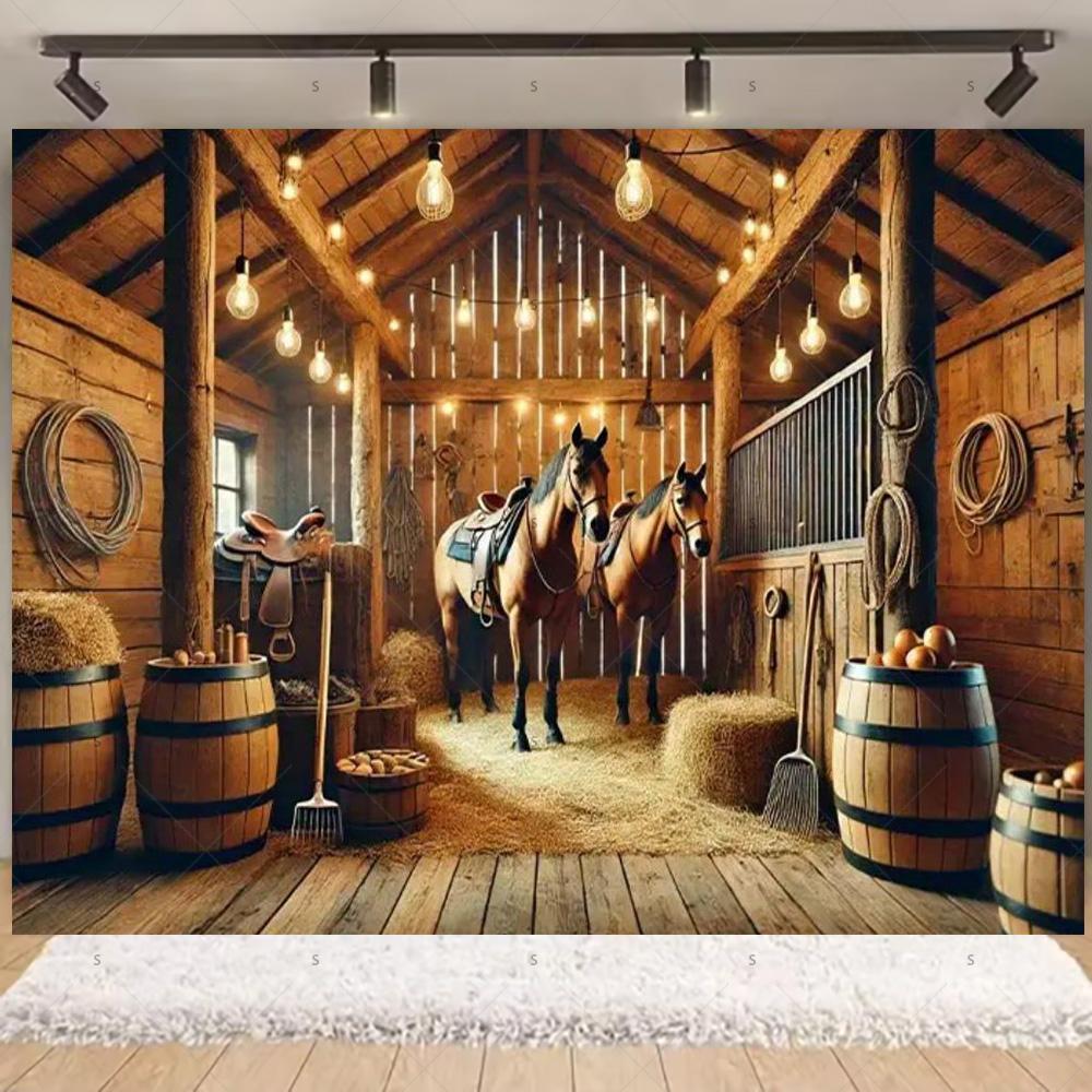 Western Cowboy Photography Backdrop Rustic Farm Barn Haystack Wood House Horse Wheel Background Party Decor Photo Shoot Props