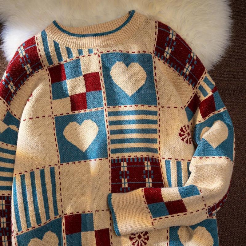 2026 Autumn And Winter New Trendy American Retro Plaid Love Ins Sweater Red Thickened Lazy Couple Sweater Loose Jacket For Men