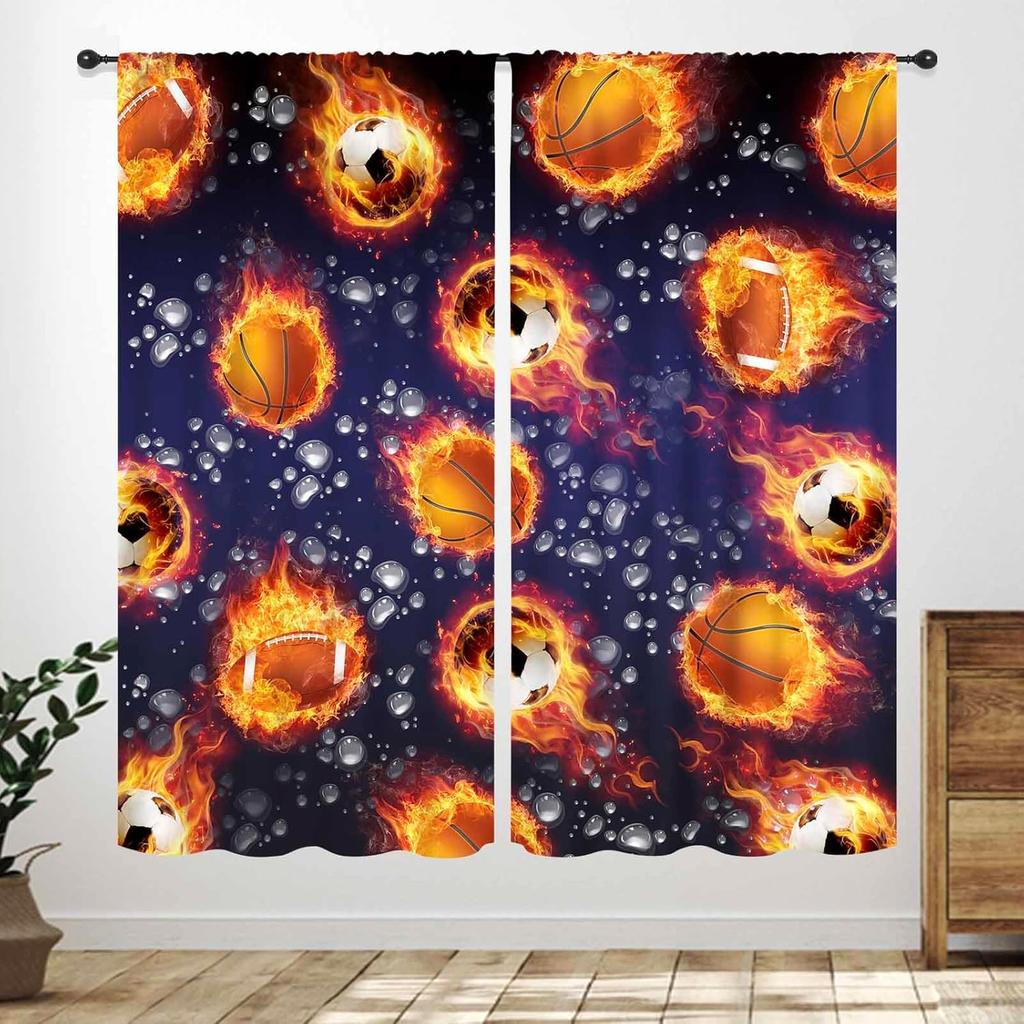 Basketball Curtains Teens Ball Sports Blue Red Flame Match Game Teen Boys Kids Bedroom Living Room Playroom Nursery Curtain For Sitting Polyester