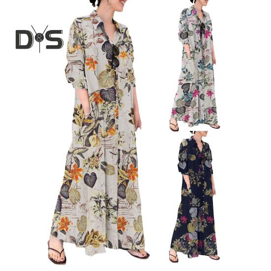 Damenkleid, locker, bunt, Blumendruck, knöchellang, lange Ärmel, Taschen, A-Linie, Revers, einreihig, weich, atmungsaktiv, Herbst/Frühling, Maxikleid